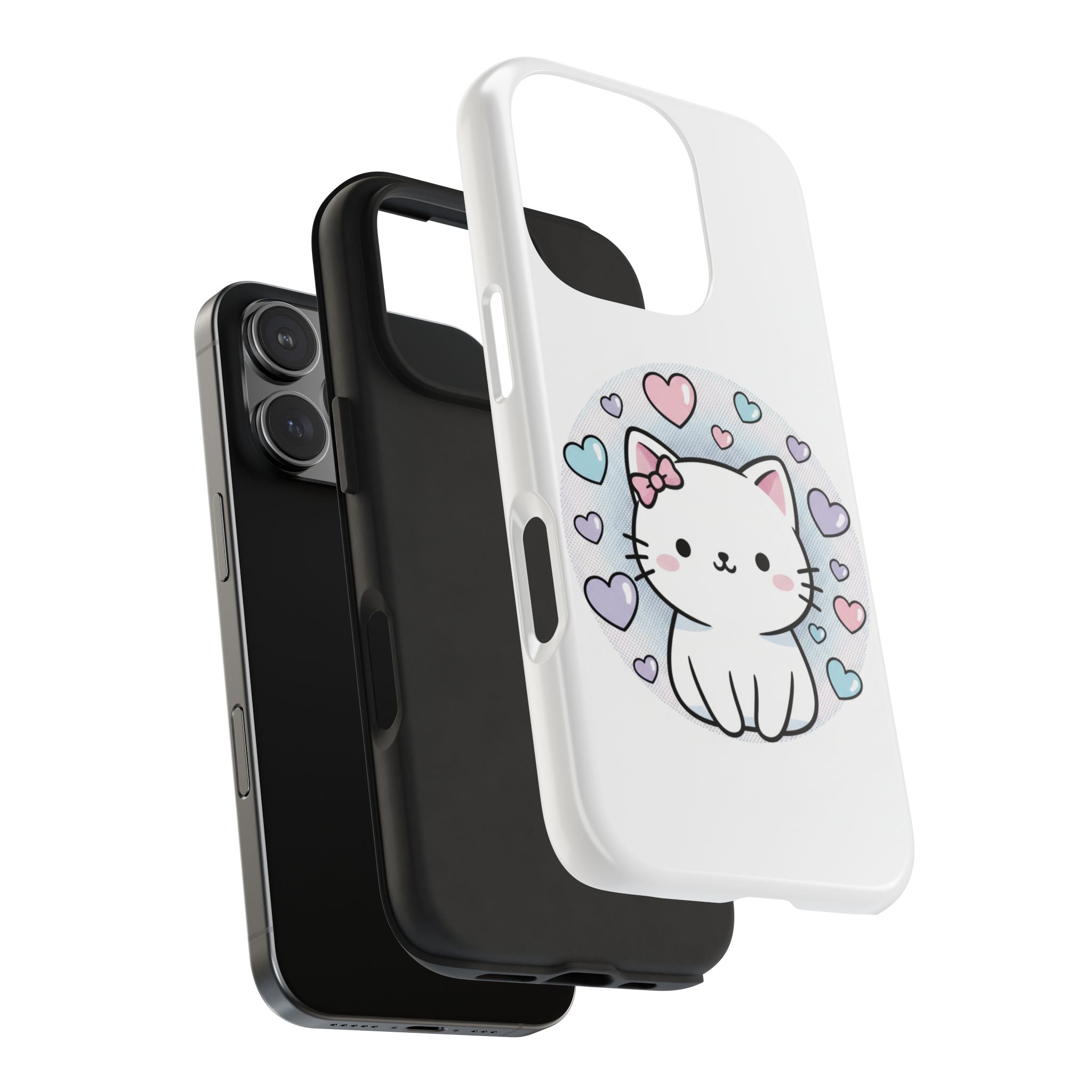 Cute Kawaii Kitten Tough Phone Case — Pastel Hearts Protective iPhone Cover