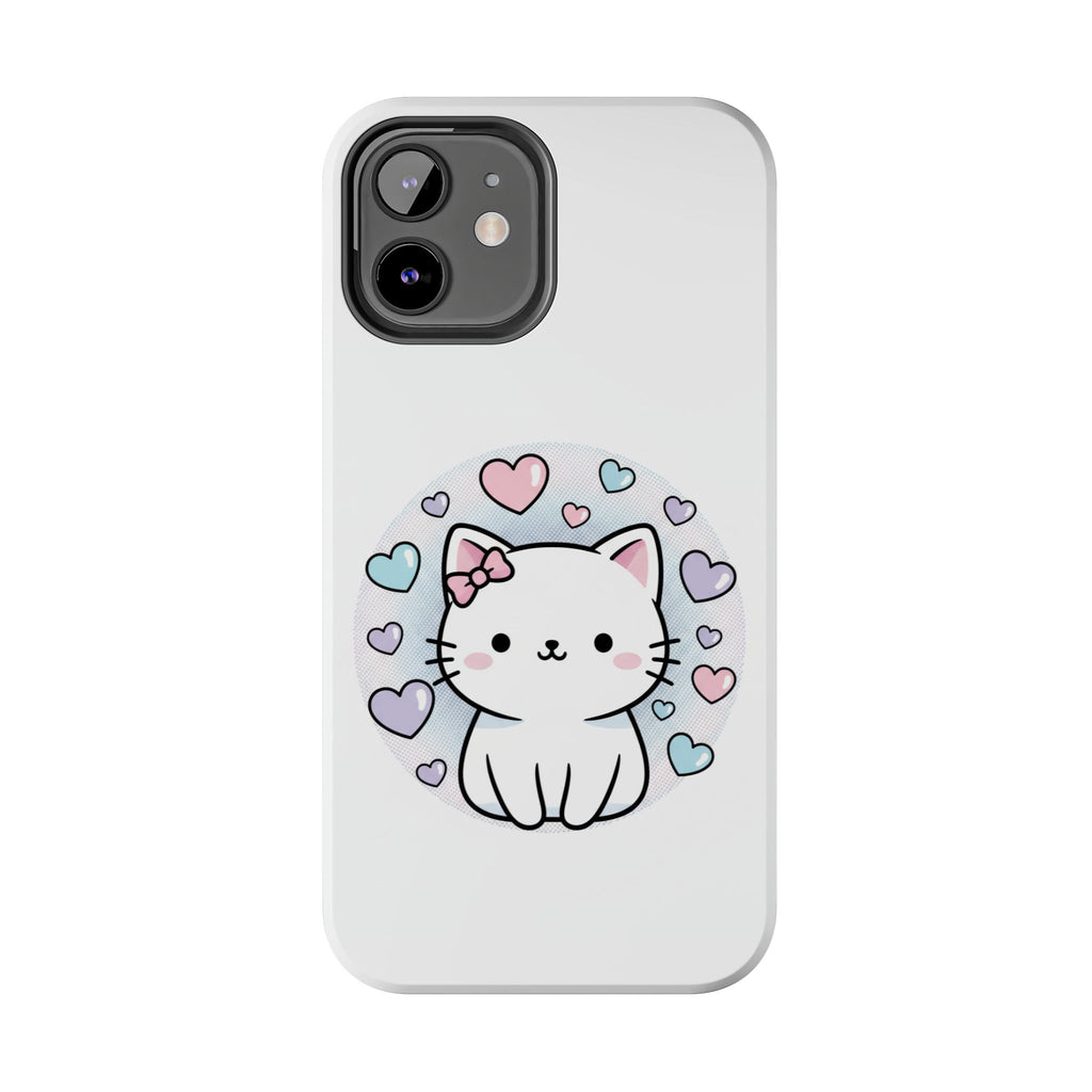 Cute Kawaii Kitten Tough Phone Case — Pastel Hearts Protective iPhone Cover