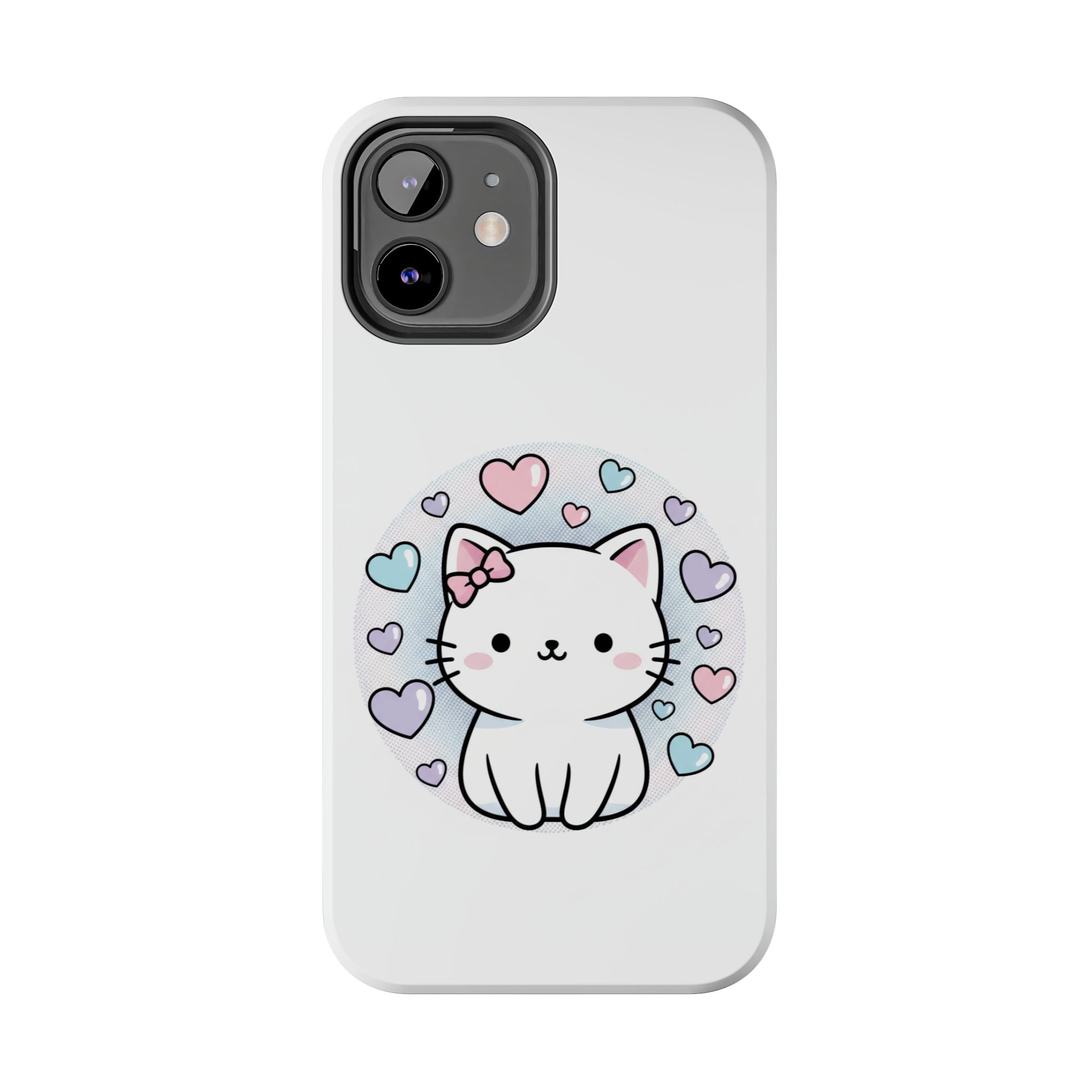 Cute Kawaii Kitten Tough Phone Case — Pastel Hearts Protective iPhone Cover
