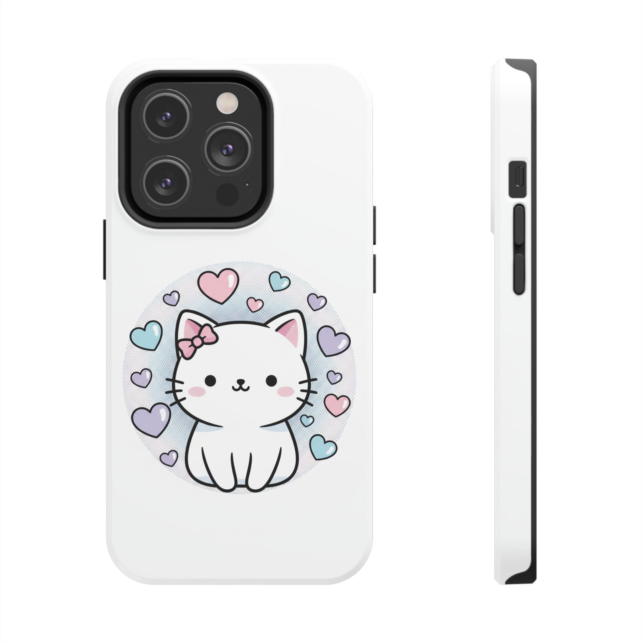 Cute Kawaii Kitten Tough Phone Case — Pastel Hearts Protective iPhone Cover