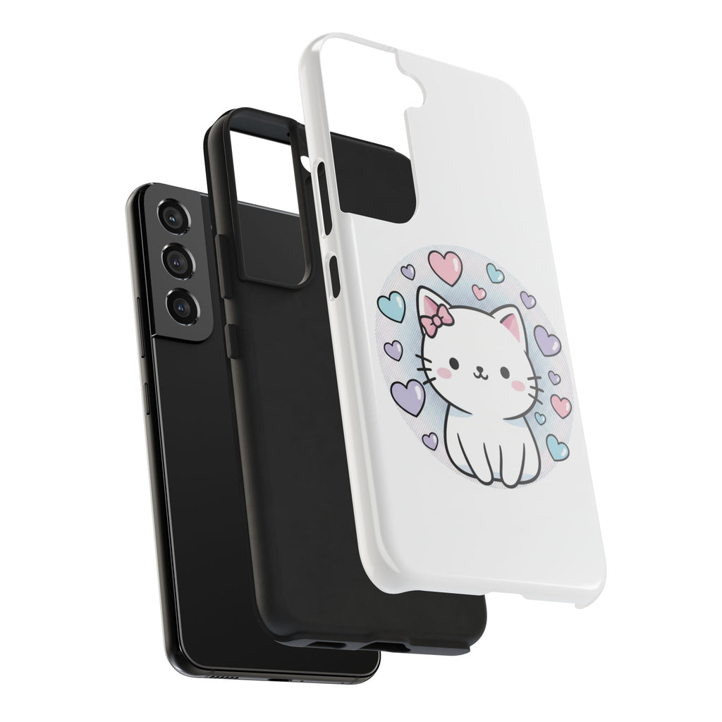 Cute Kawaii Kitten Tough Phone Case — Pastel Hearts Protective iPhone Cover