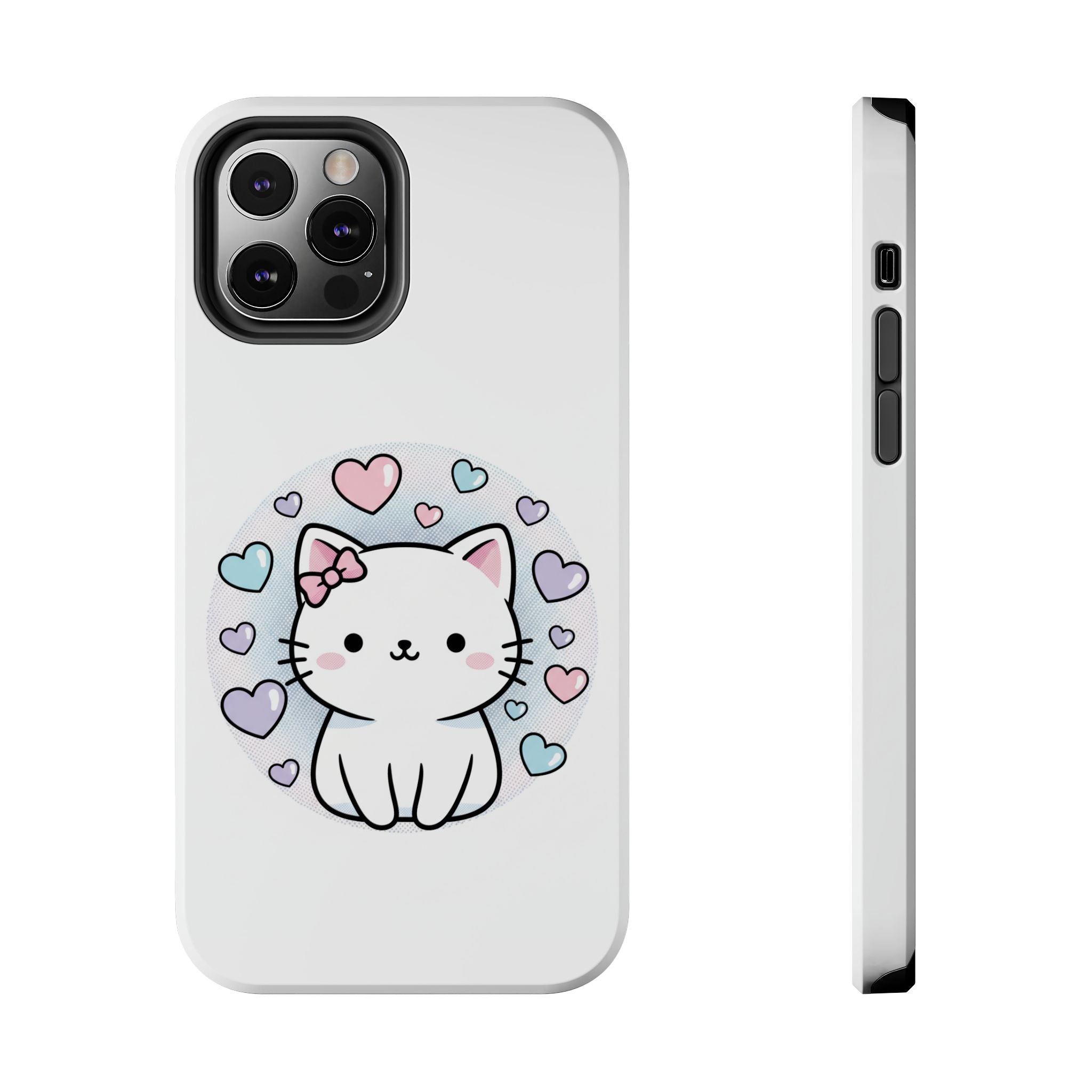 Cute Kawaii Kitten Tough Phone Case — Pastel Hearts Protective iPhone Cover
