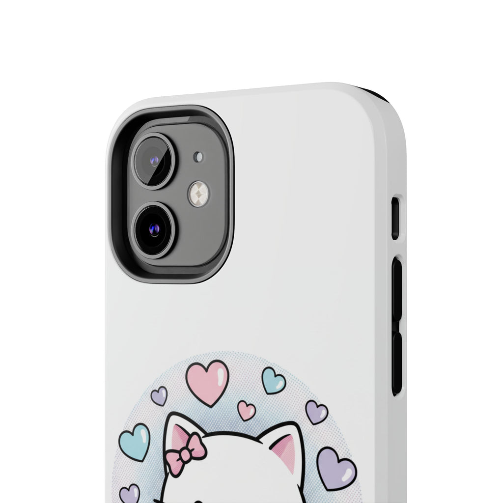 Cute Kawaii Kitten Tough Phone Case — Pastel Hearts Protective iPhone Cover