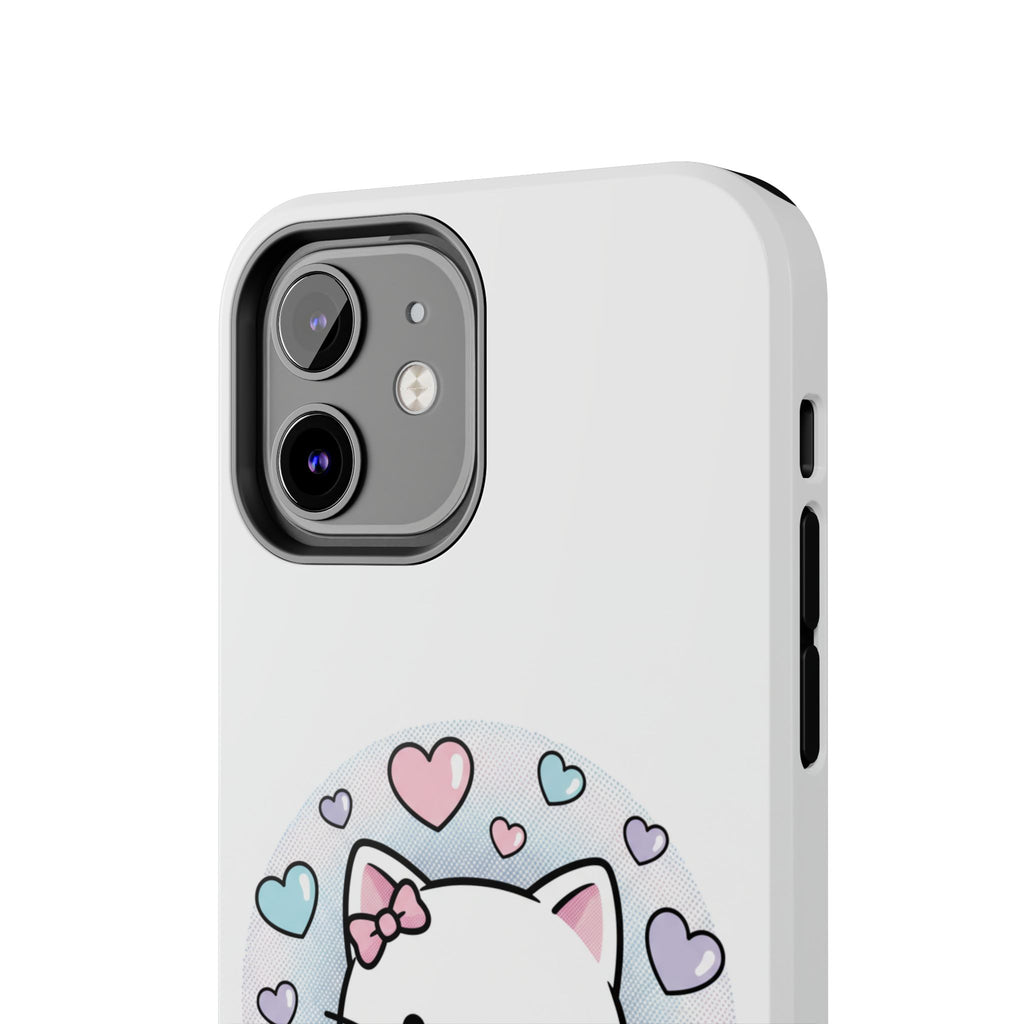 Cute Kawaii Kitten Tough Phone Case — Pastel Hearts Protective iPhone Cover