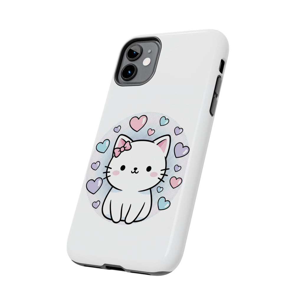 Cute Kawaii Kitten Tough Phone Case — Pastel Hearts Protective iPhone Cover