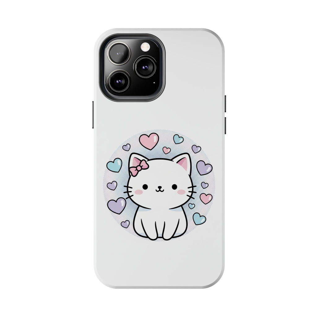 Cute Kawaii Kitten Tough Phone Case — Pastel Hearts Protective iPhone Cover