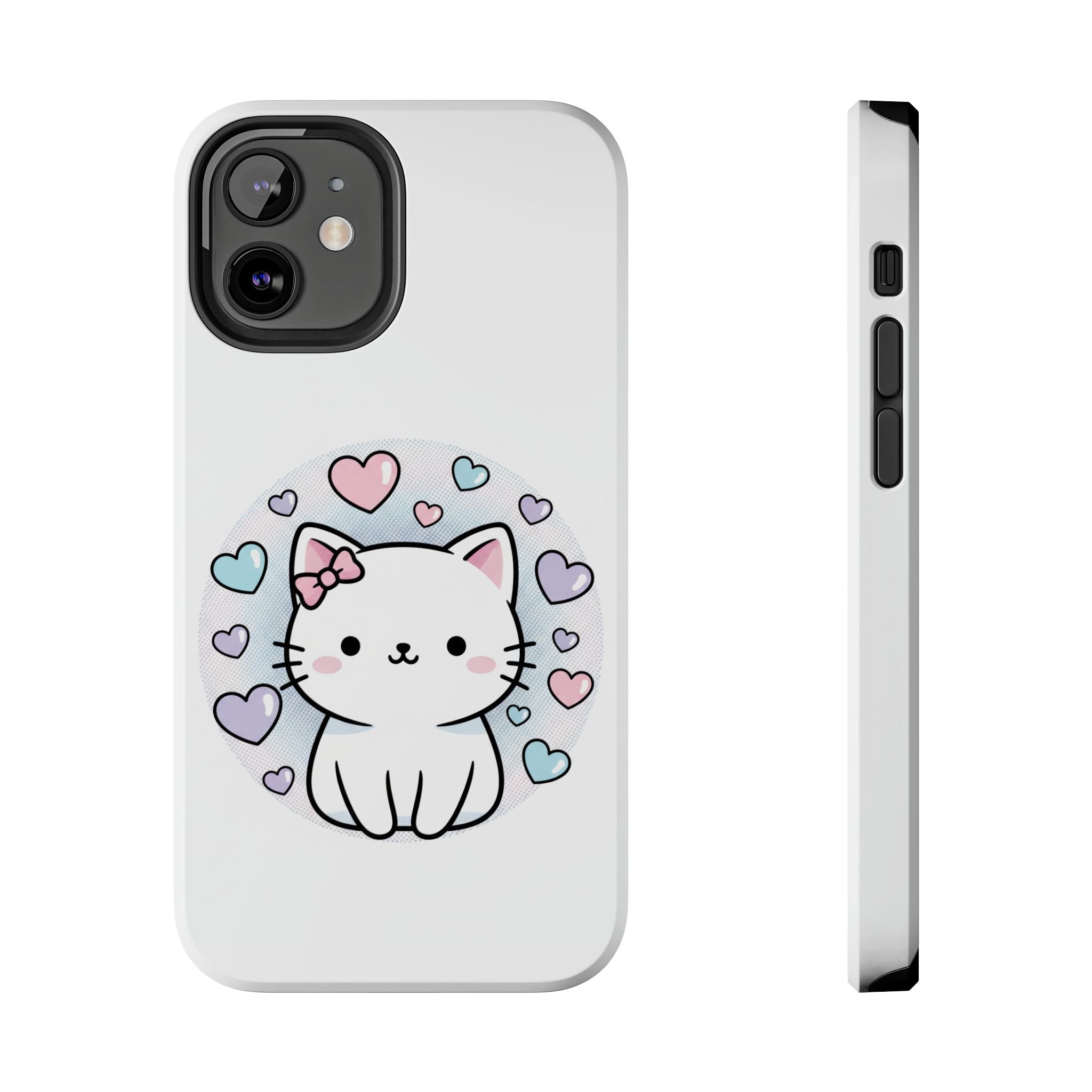 Cute Kawaii Kitten Tough Phone Case — Pastel Hearts Protective iPhone Cover