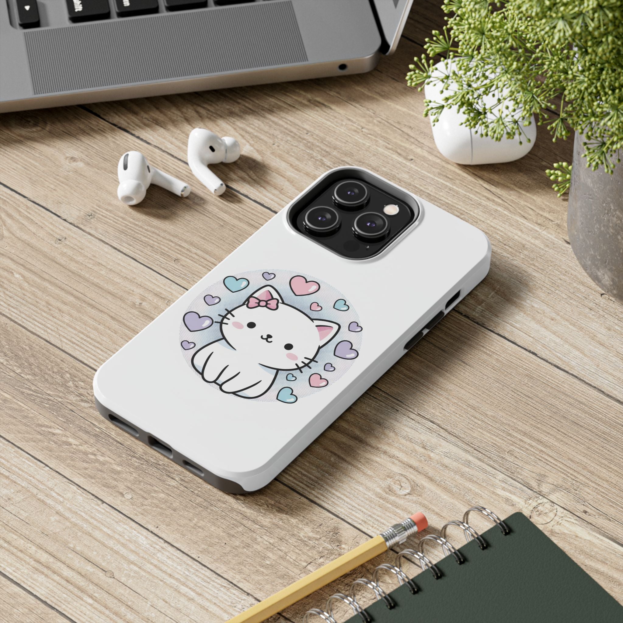 Cute Kawaii Kitten Tough Phone Case — Pastel Hearts Protective iPhone Cover