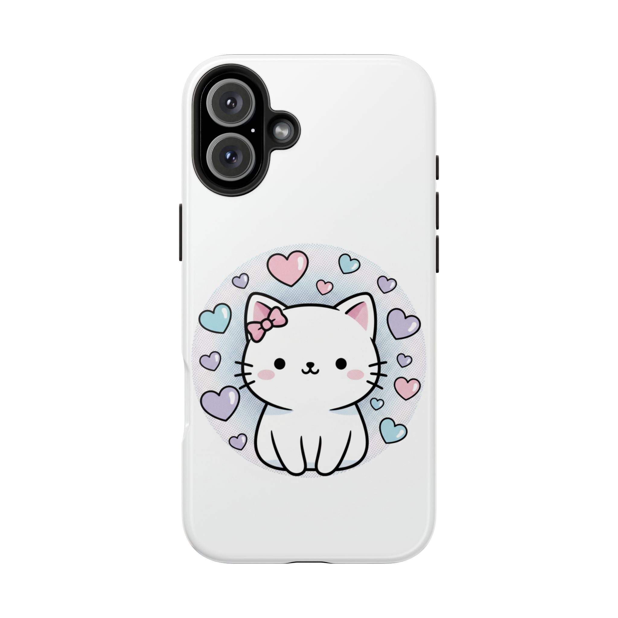Cute Kawaii Kitten Tough Phone Case — Pastel Hearts Protective iPhone Cover