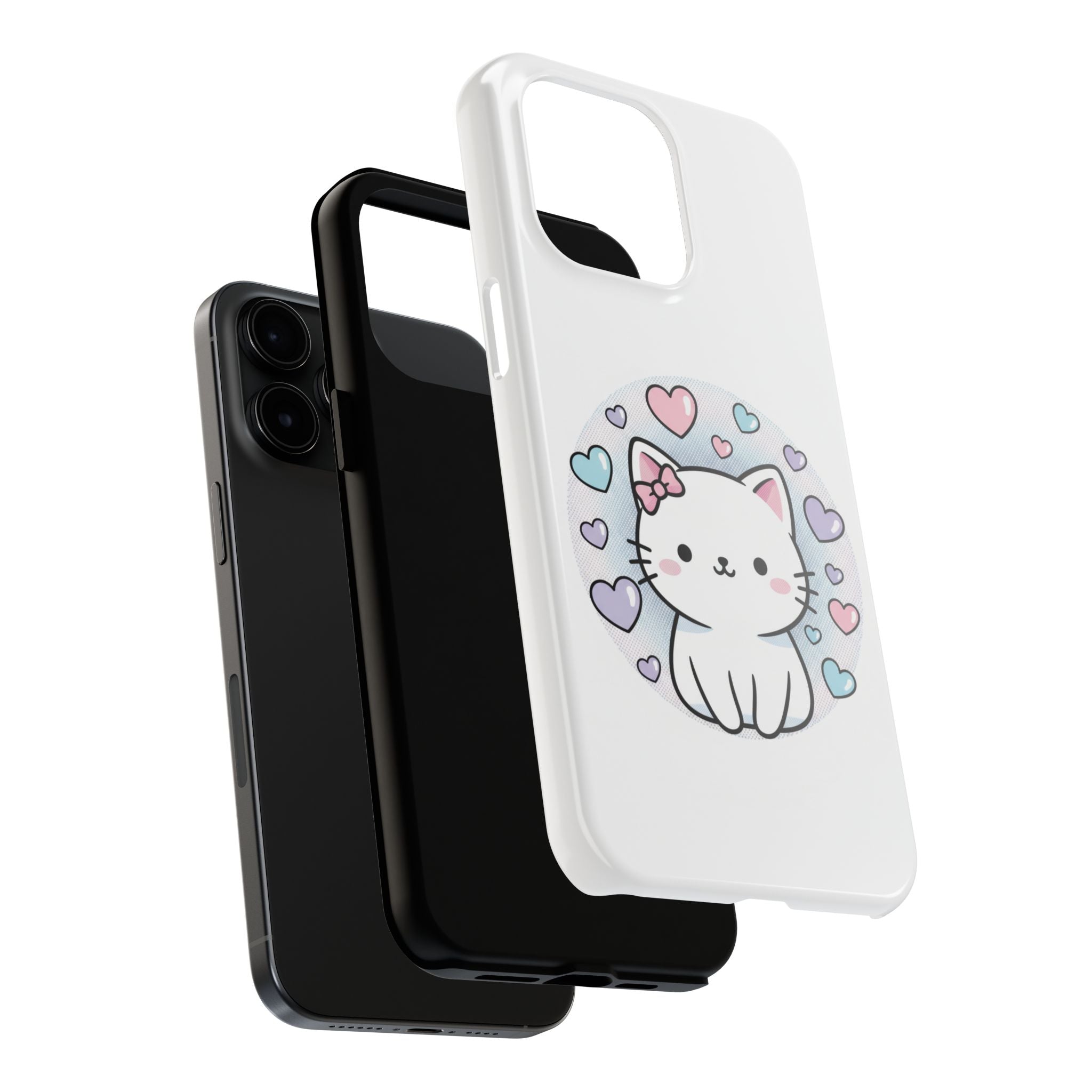 Cute Kawaii Kitten Tough Phone Case — Pastel Hearts Protective iPhone Cover