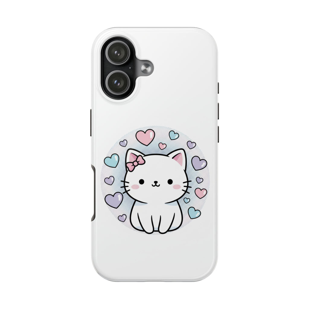 Cute Kawaii Kitten Tough Phone Case — Pastel Hearts Protective iPhone Cover