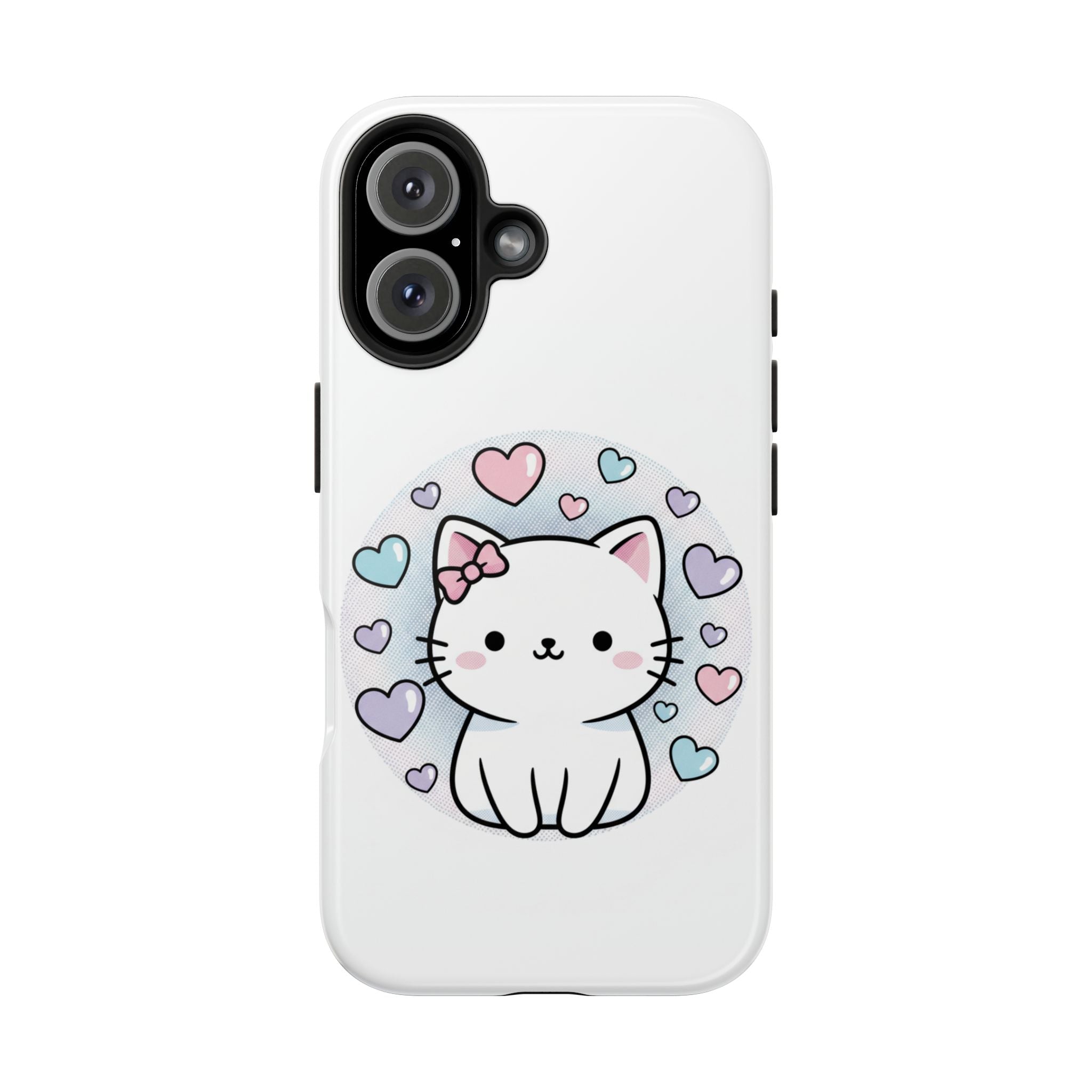 Cute Kawaii Kitten Tough Phone Case — Pastel Hearts Protective iPhone Cover