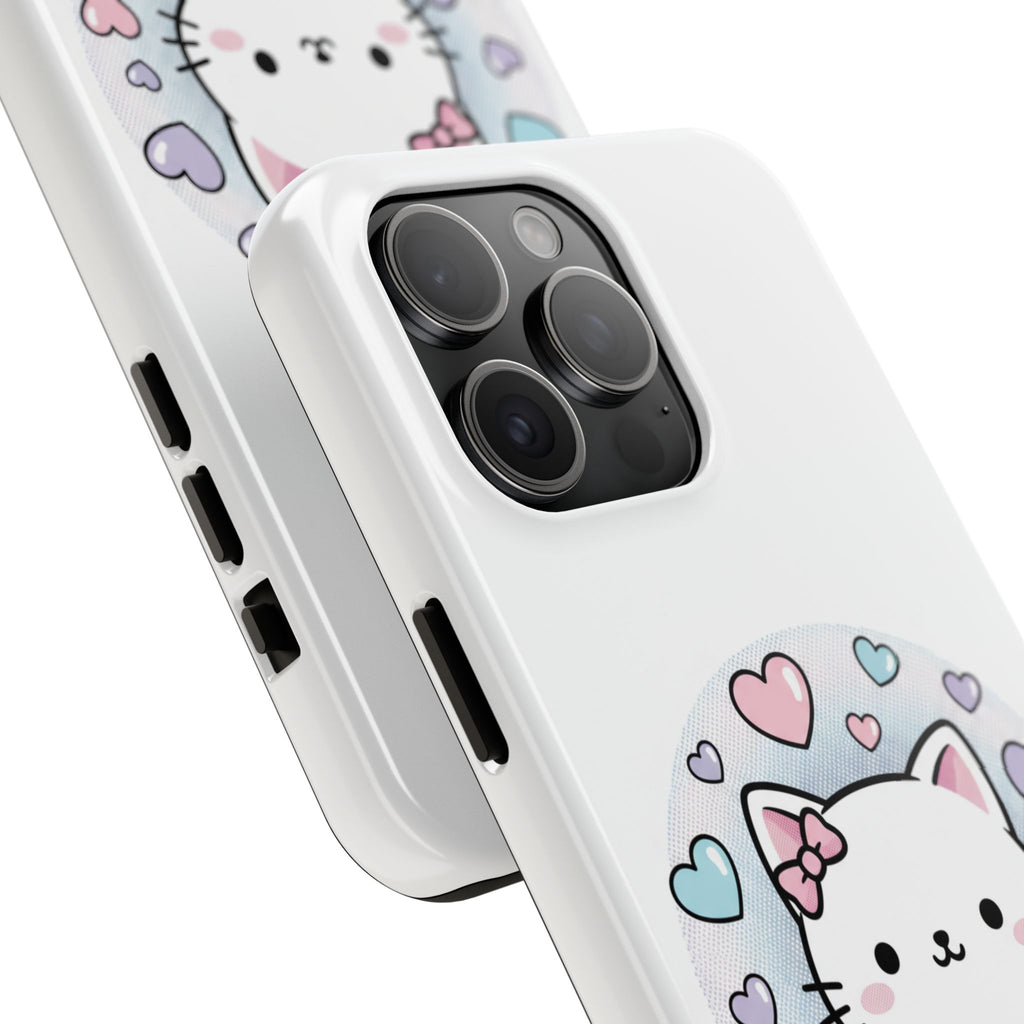 Cute Kawaii Kitten Tough Phone Case — Pastel Hearts Protective iPhone Cover