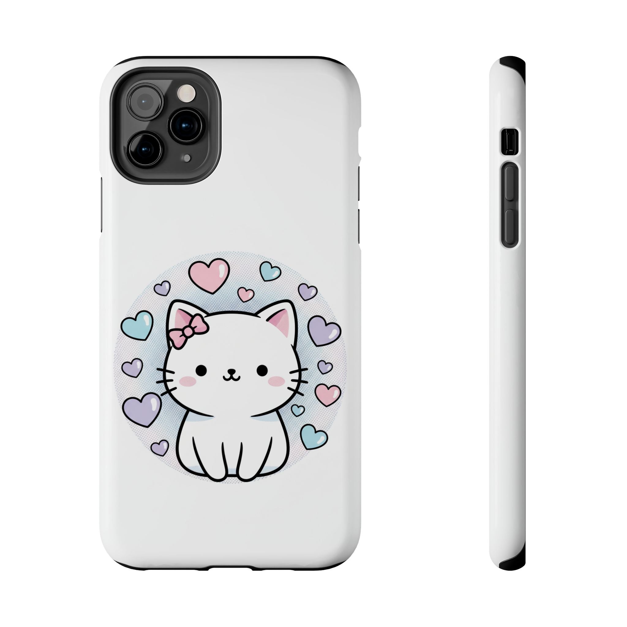 Cute Kawaii Kitten Tough Phone Case — Pastel Hearts Protective iPhone Cover
