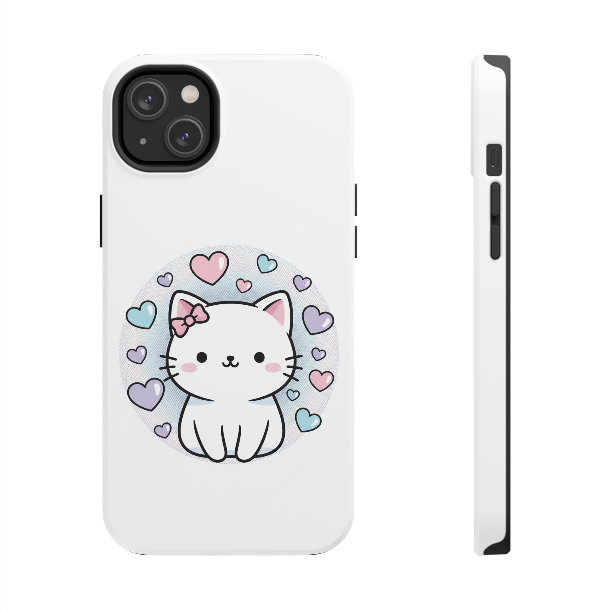 Cute Kawaii Kitten Tough Phone Case — Pastel Hearts Protective iPhone Cover