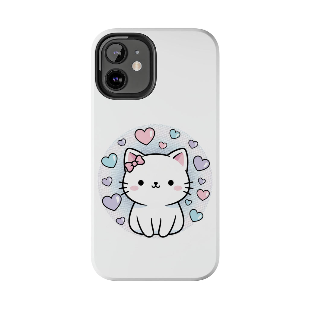 Cute Kawaii Kitten Tough Phone Case — Pastel Hearts Protective iPhone Cover