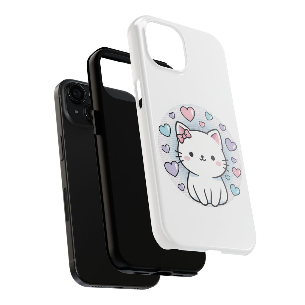Cute Kawaii Kitten Tough Phone Case — Pastel Hearts Protective iPhone Cover