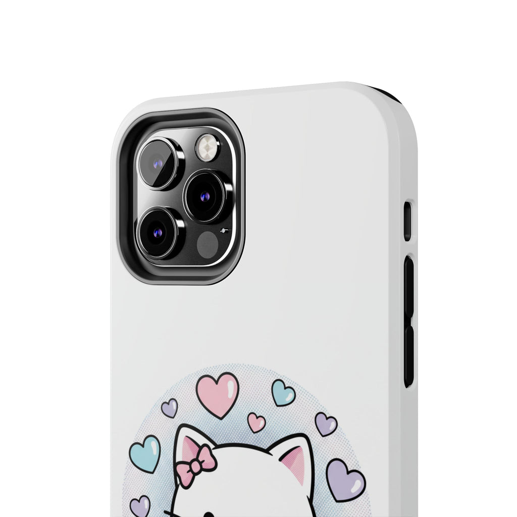 Cute Kawaii Kitten Tough Phone Case — Pastel Hearts Protective iPhone Cover