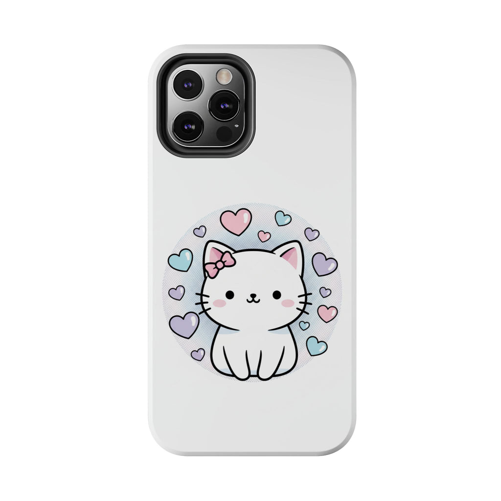 Cute Kawaii Kitten Tough Phone Case — Pastel Hearts Protective iPhone Cover
