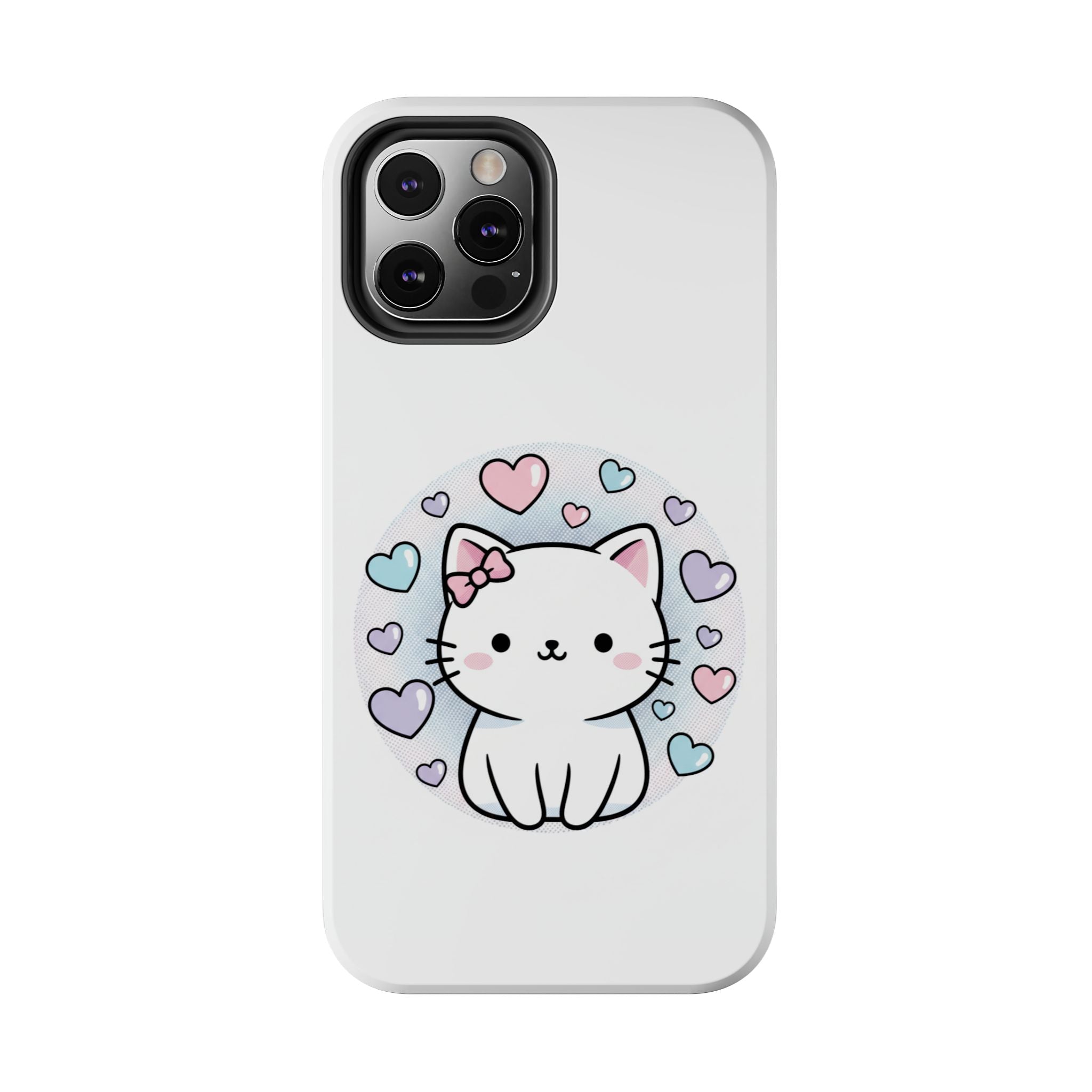 Cute Kawaii Kitten Tough Phone Case — Pastel Hearts Protective iPhone Cover