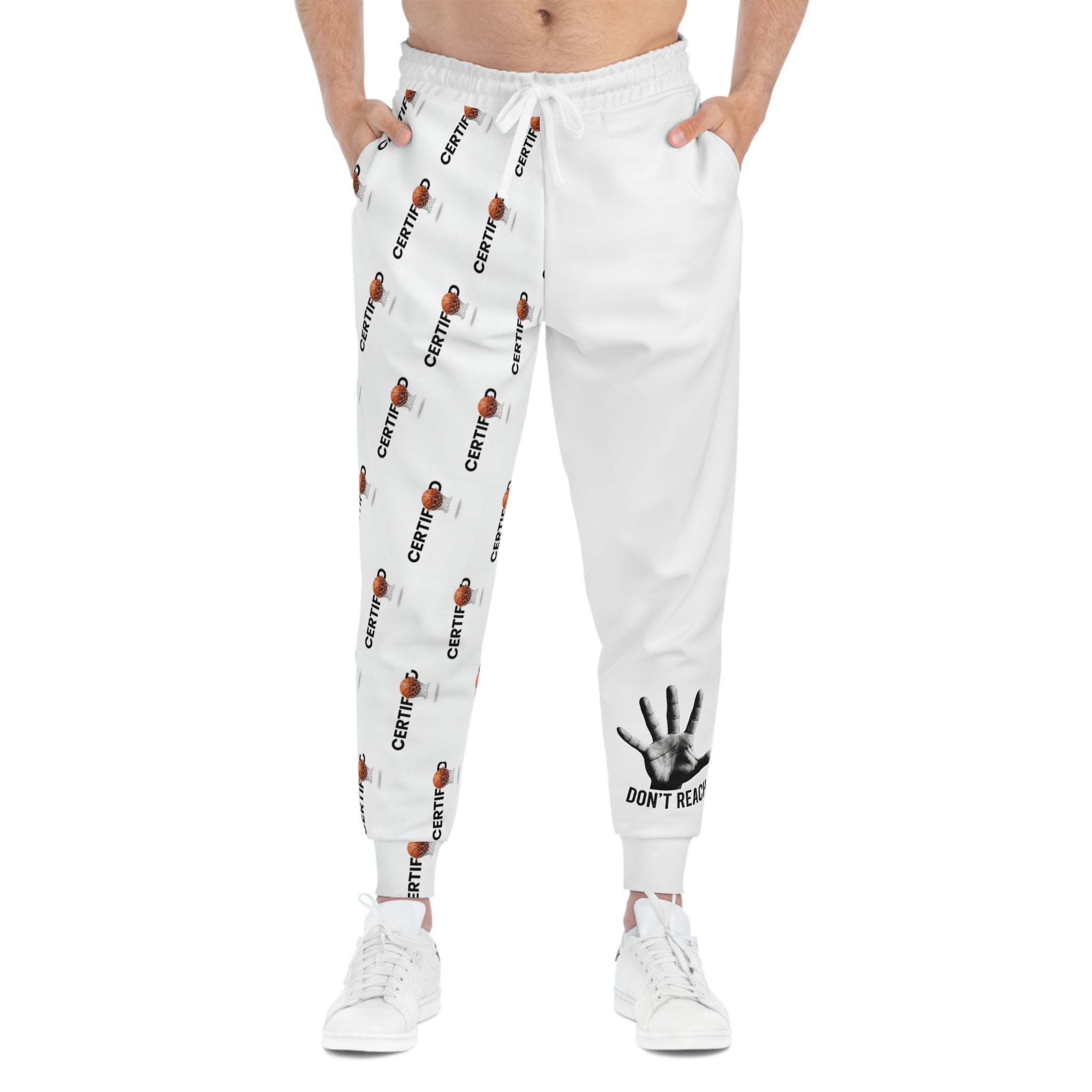 Graphic Joggers — 'Don't Reach' Hand & Repeat Logo Athletic Sweatpants