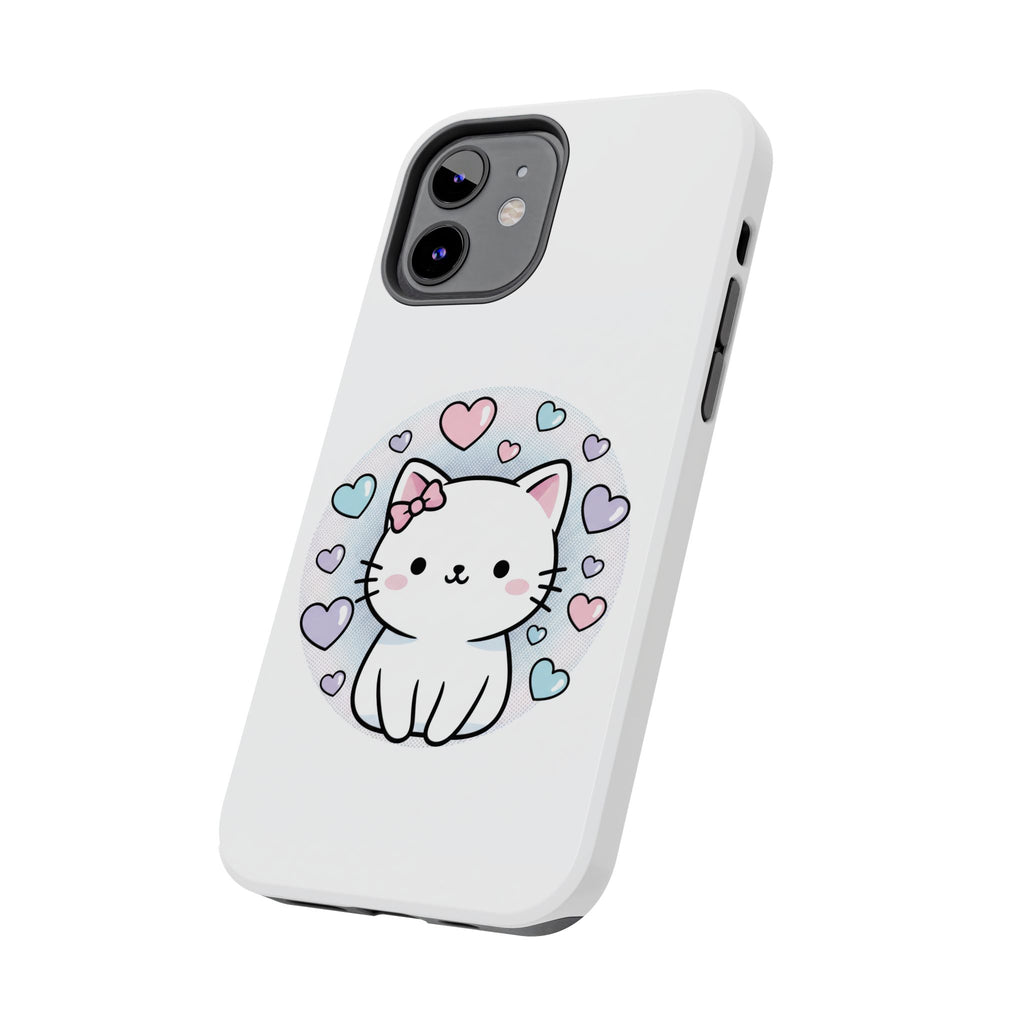 Cute Kawaii Kitten Tough Phone Case — Pastel Hearts Protective iPhone Cover