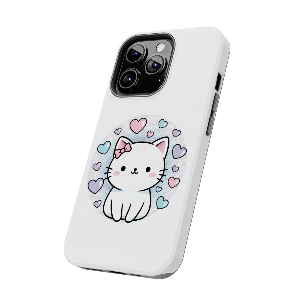 Cute Kawaii Kitten Tough Phone Case — Pastel Hearts Protective iPhone Cover