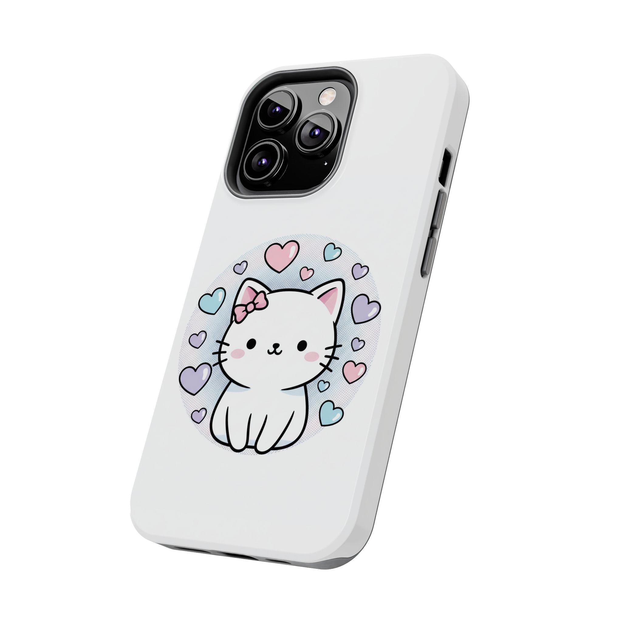 Cute Kawaii Kitten Tough Phone Case — Pastel Hearts Protective iPhone Cover