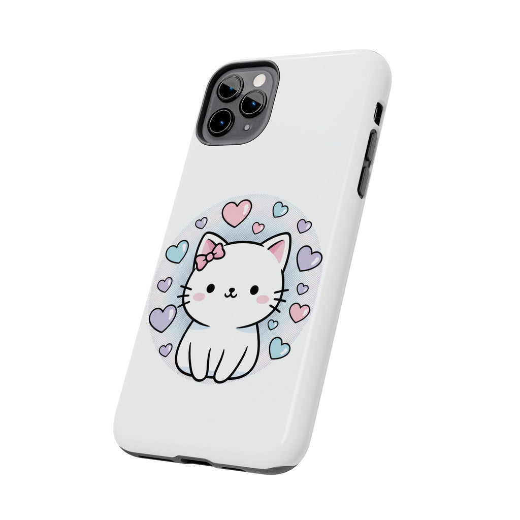 Cute Kawaii Kitten Tough Phone Case — Pastel Hearts Protective iPhone Cover