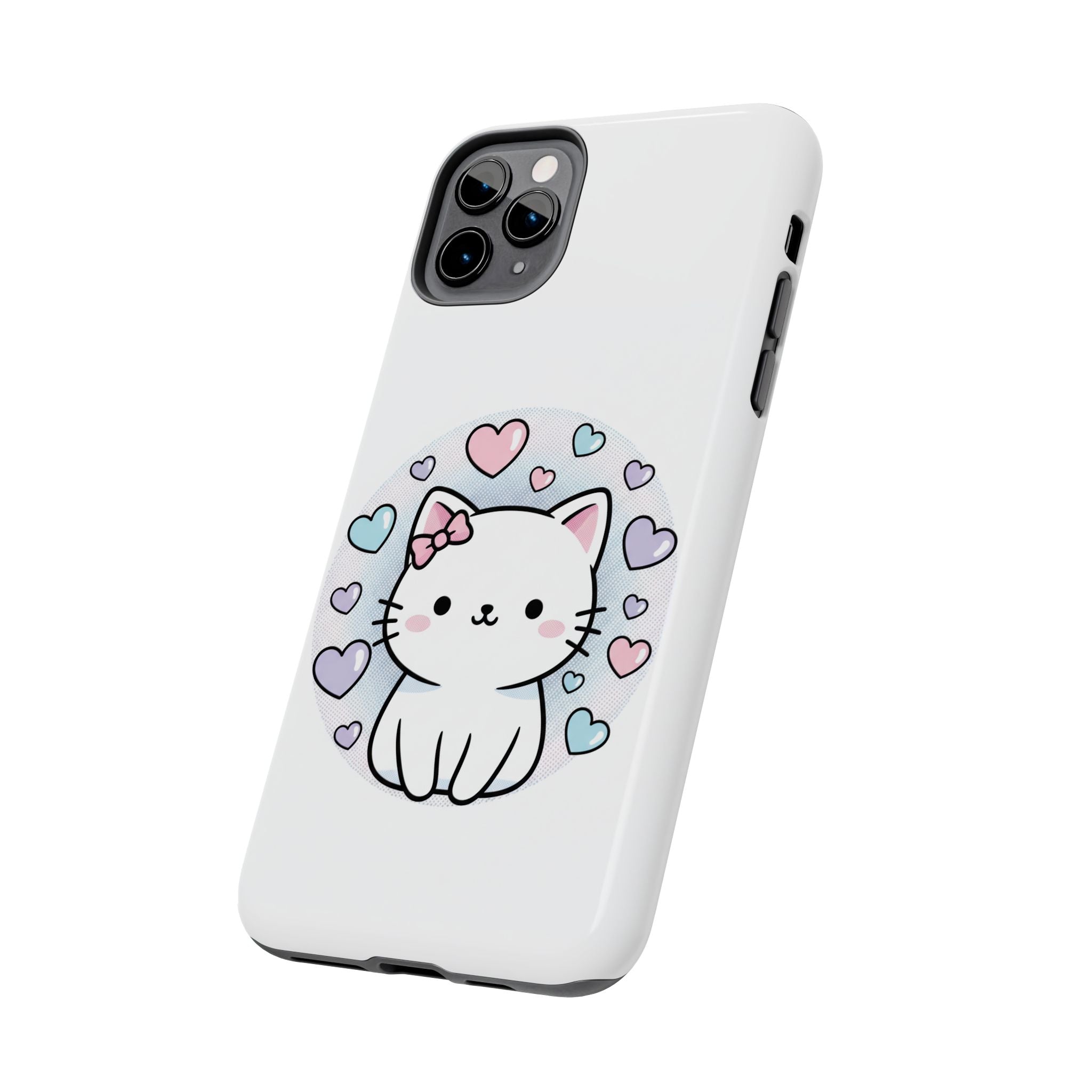 Cute Kawaii Kitten Tough Phone Case — Pastel Hearts Protective iPhone Cover