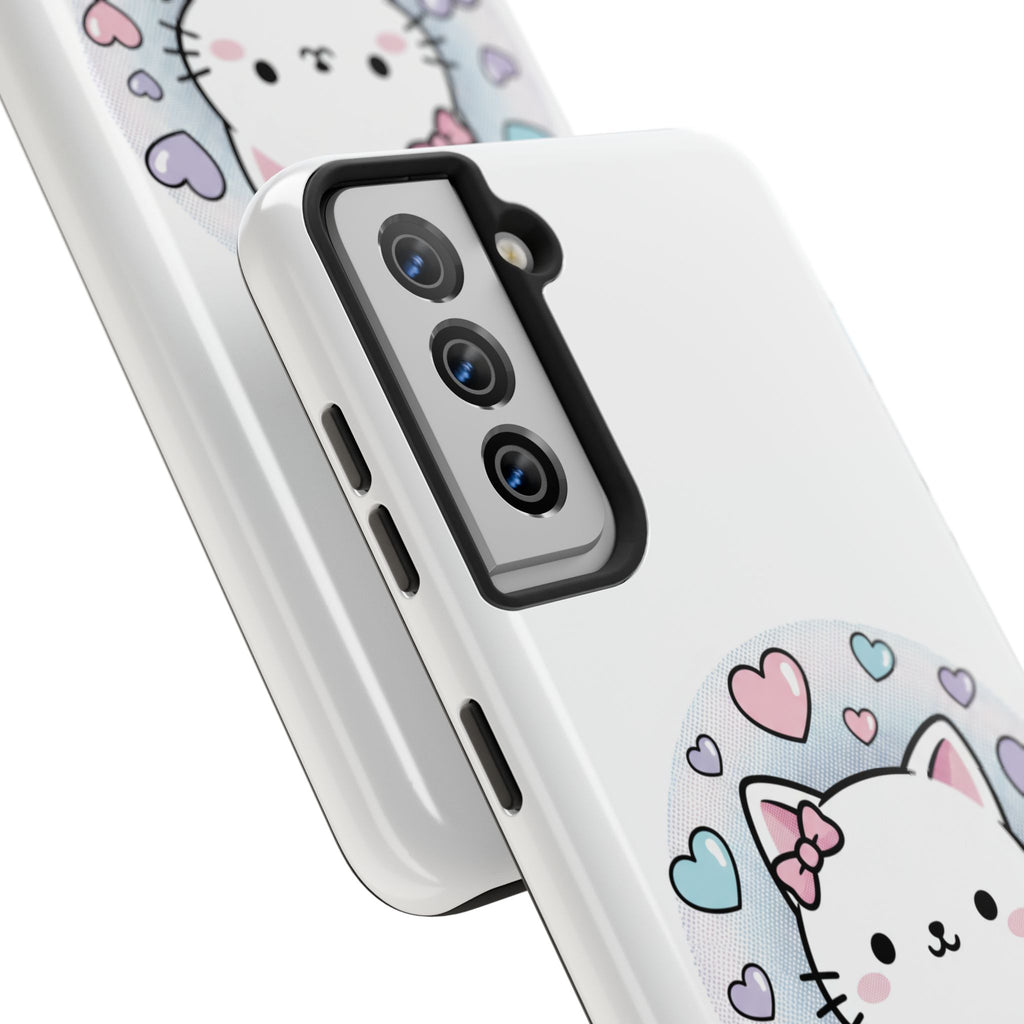 Cute Kawaii Kitten Tough Phone Case — Pastel Hearts Protective iPhone Cover