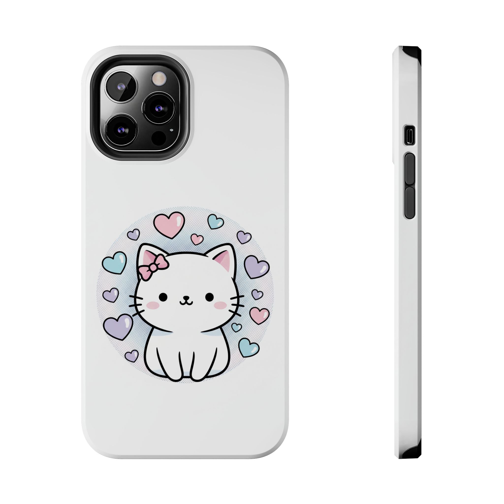 Cute Kawaii Kitten Tough Phone Case — Pastel Hearts Protective iPhone Cover