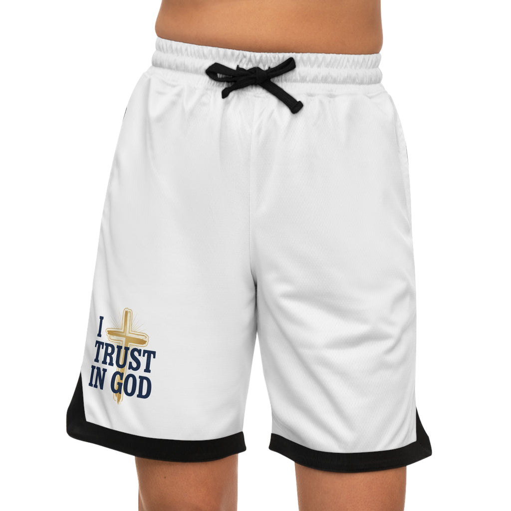 I Trust In God Basketball Shorts — White Athletic Faith Shorts