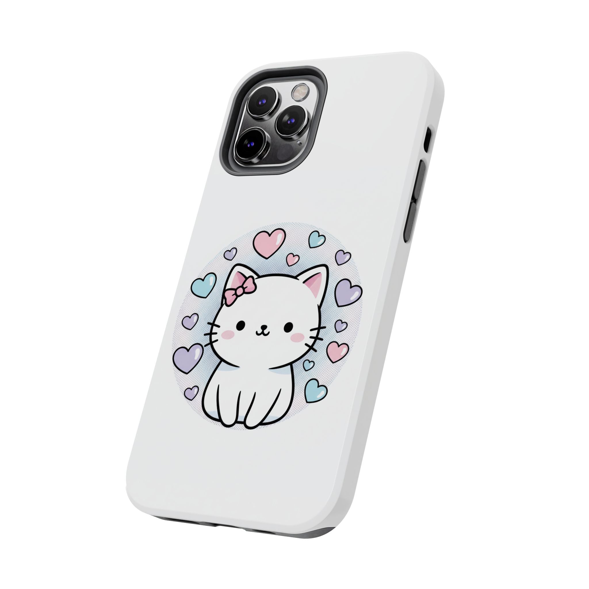 Cute Kawaii Kitten Tough Phone Case — Pastel Hearts Protective iPhone Cover
