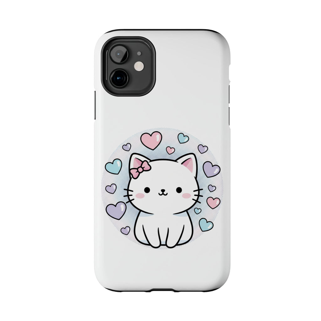 Cute Kawaii Kitten Tough Phone Case — Pastel Hearts Protective iPhone Cover
