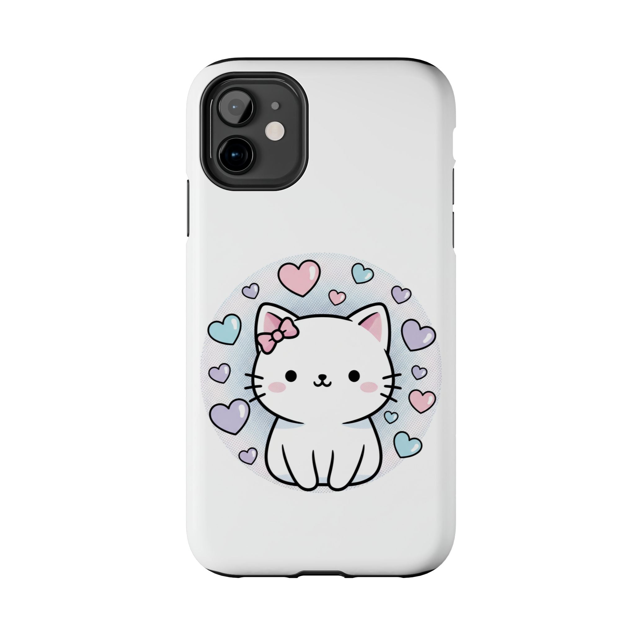 Cute Kawaii Kitten Tough Phone Case — Pastel Hearts Protective iPhone Cover