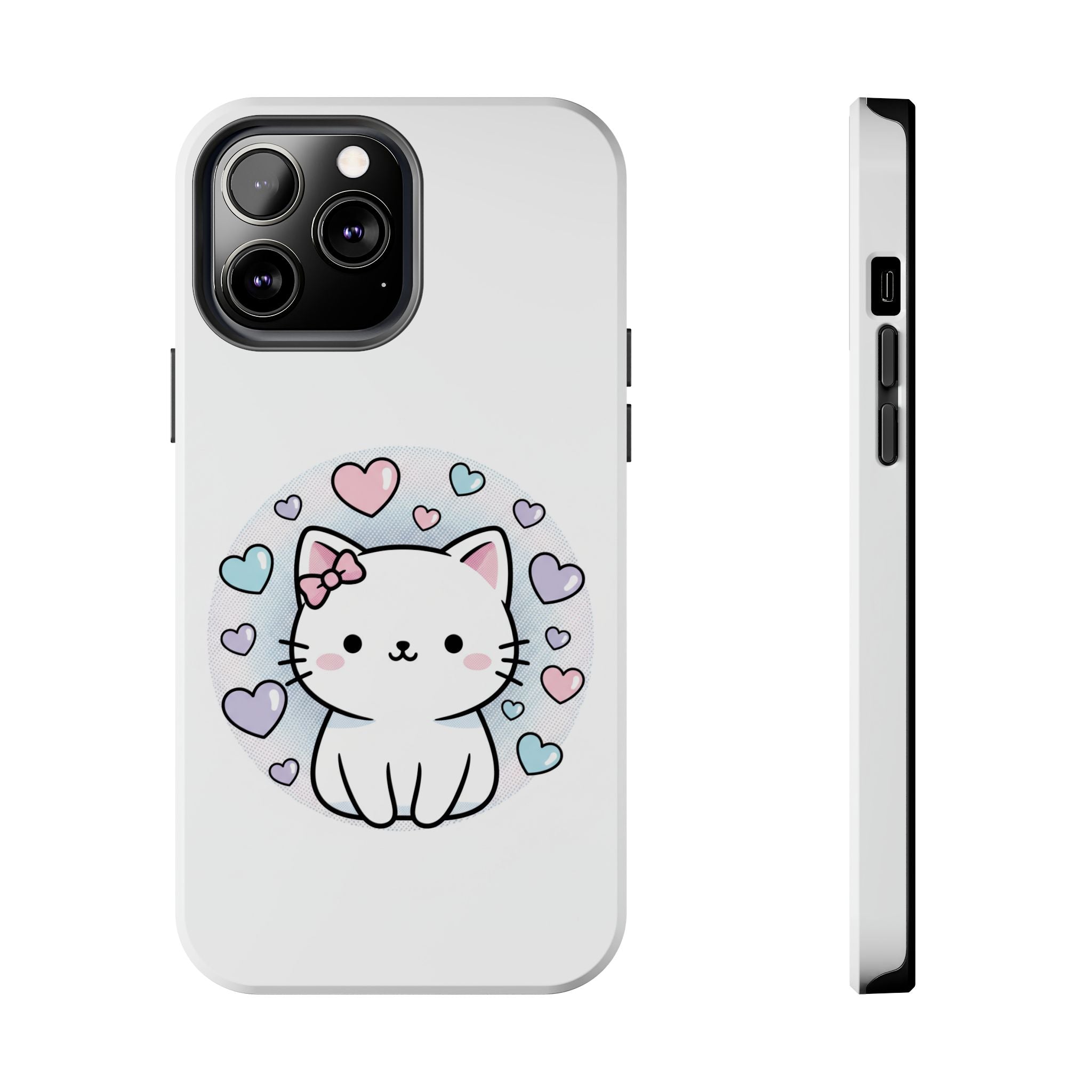 Cute Kawaii Kitten Tough Phone Case — Pastel Hearts Protective iPhone Cover