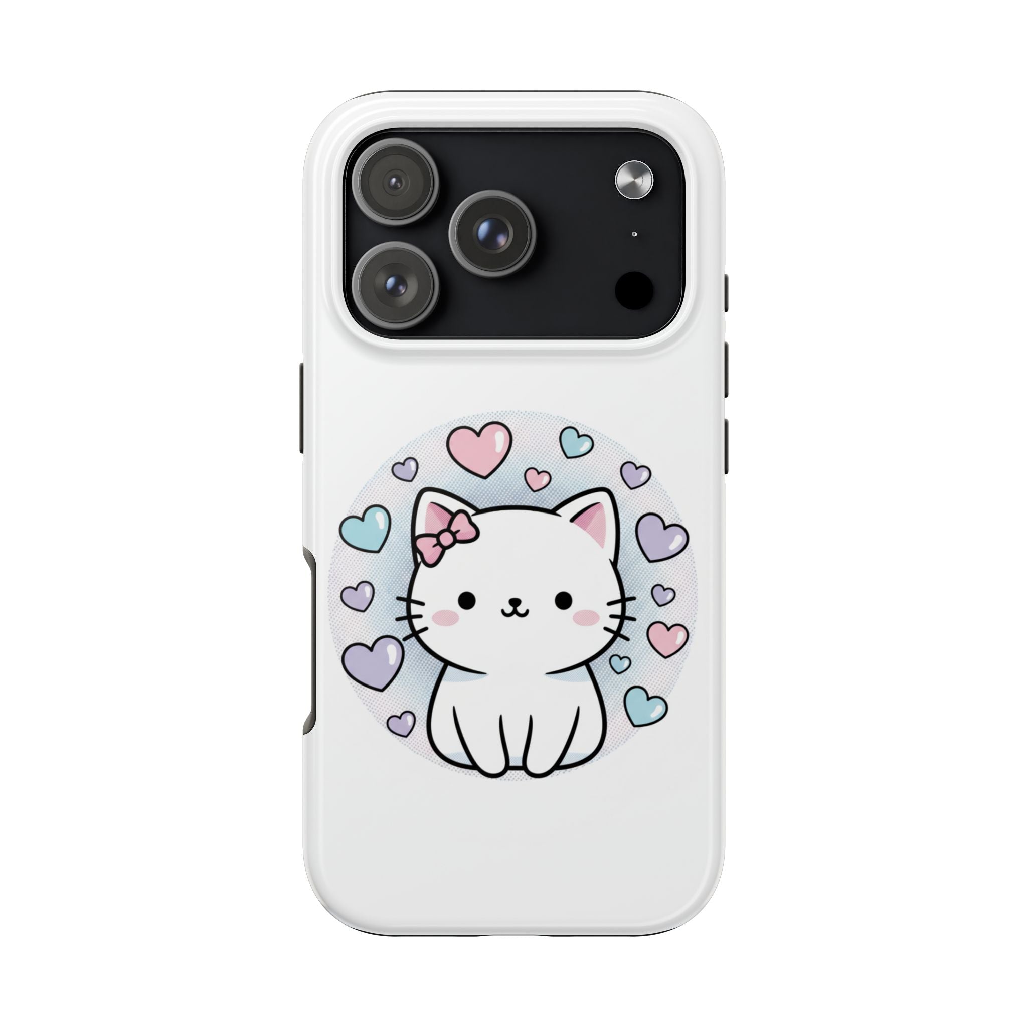 Cute Kawaii Kitten Tough Phone Case — Pastel Hearts Protective iPhone Cover