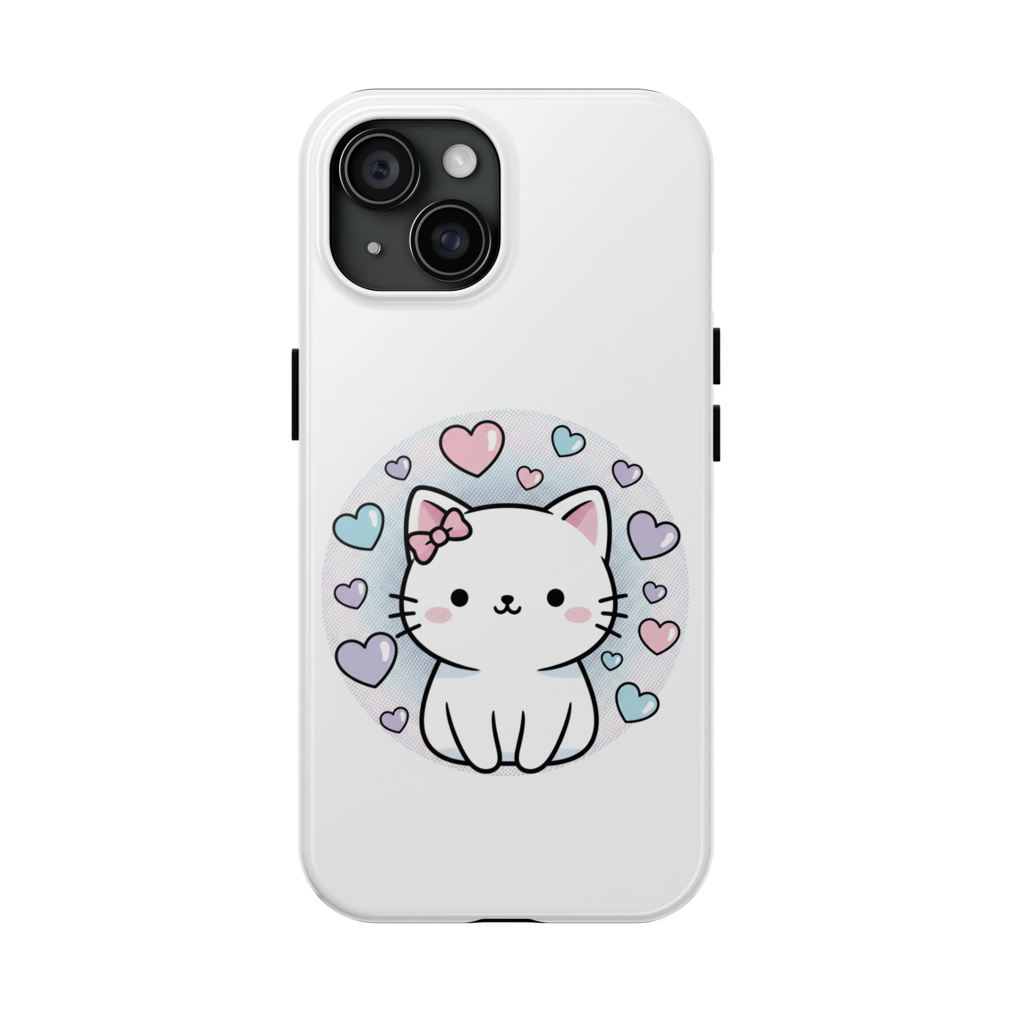 Cute Kawaii Kitten Tough Phone Case — Pastel Hearts Protective iPhone Cover