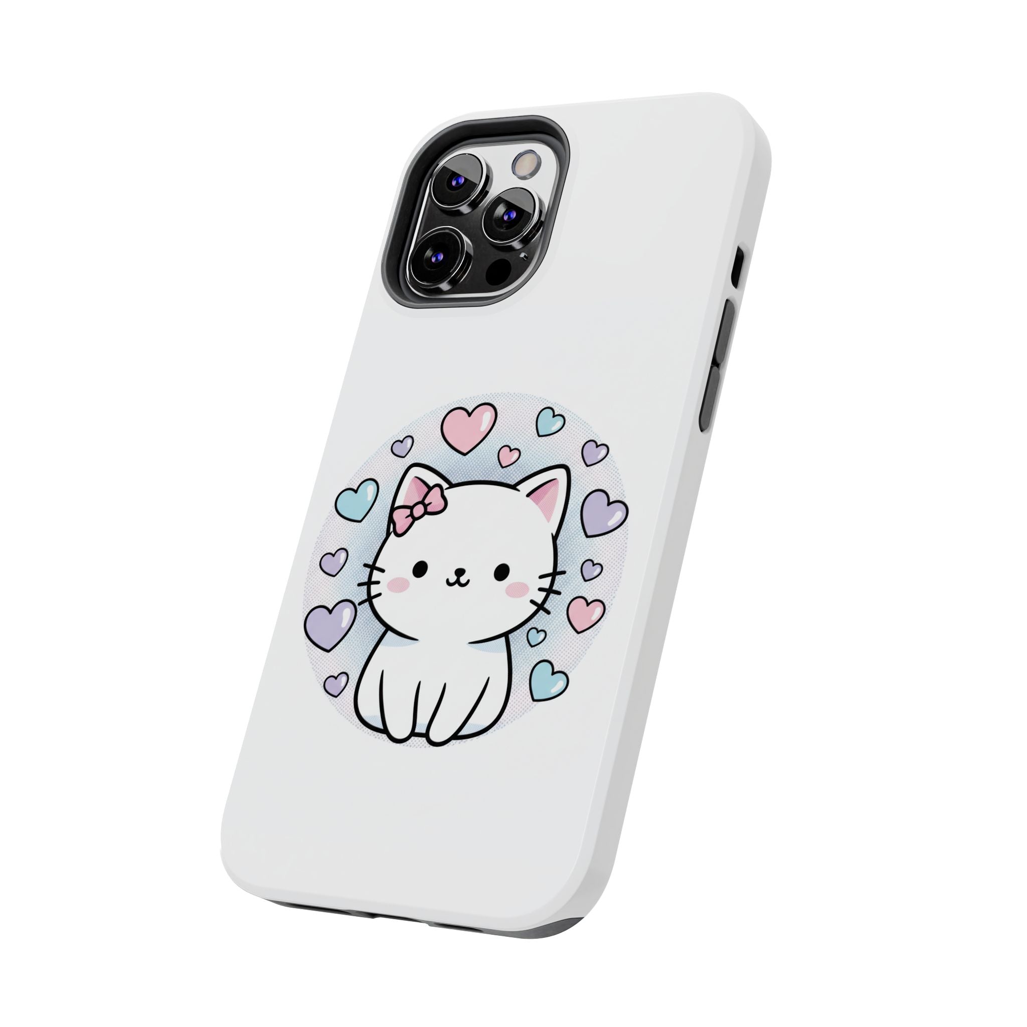 Cute Kawaii Kitten Tough Phone Case — Pastel Hearts Protective iPhone Cover
