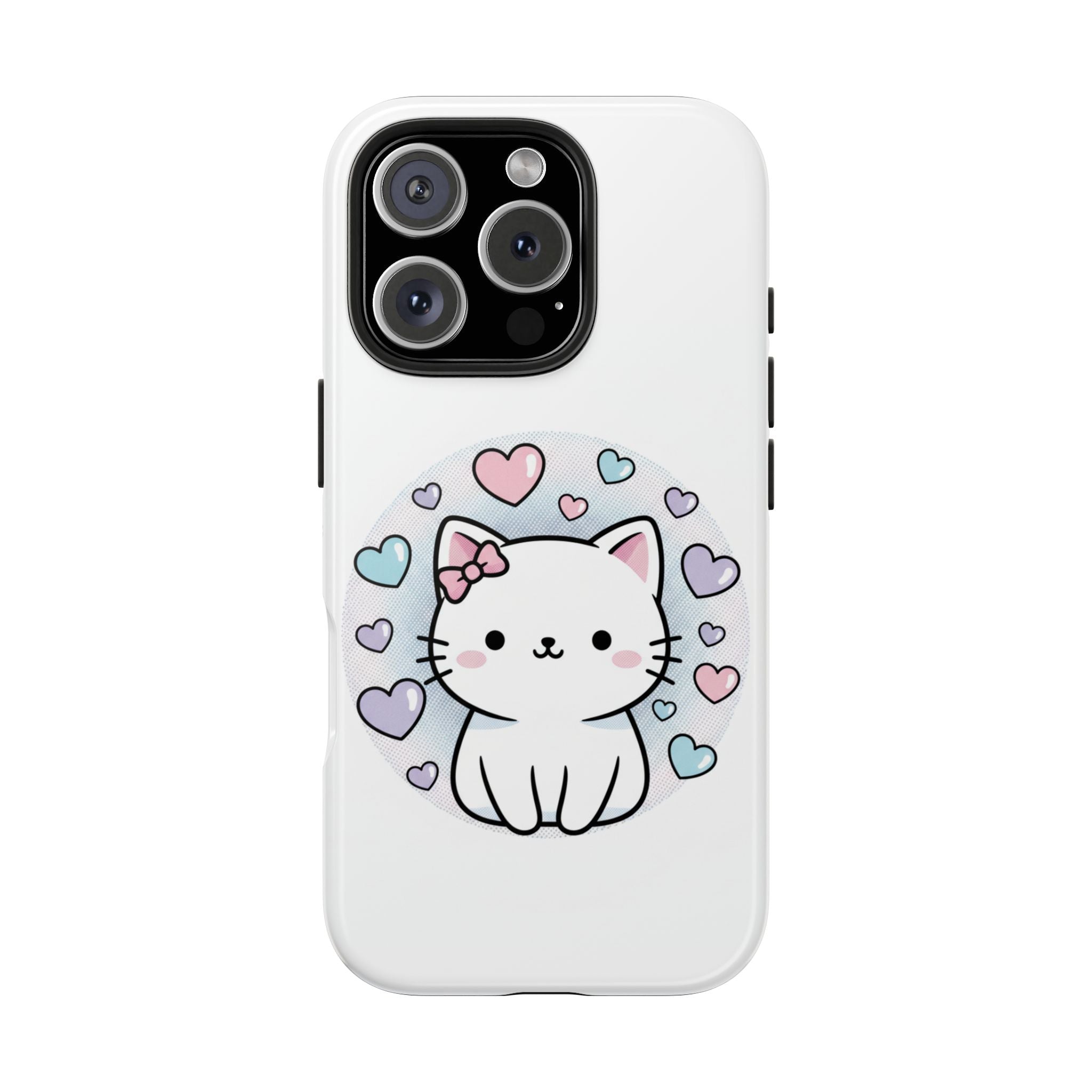Cute Kawaii Kitten Tough Phone Case — Pastel Hearts Protective iPhone Cover