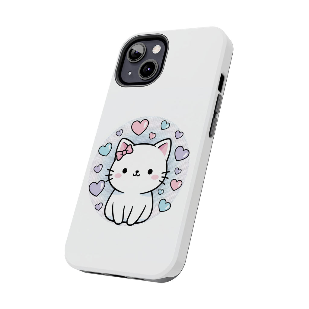 Cute Kawaii Kitten Tough Phone Case — Pastel Hearts Protective iPhone Cover