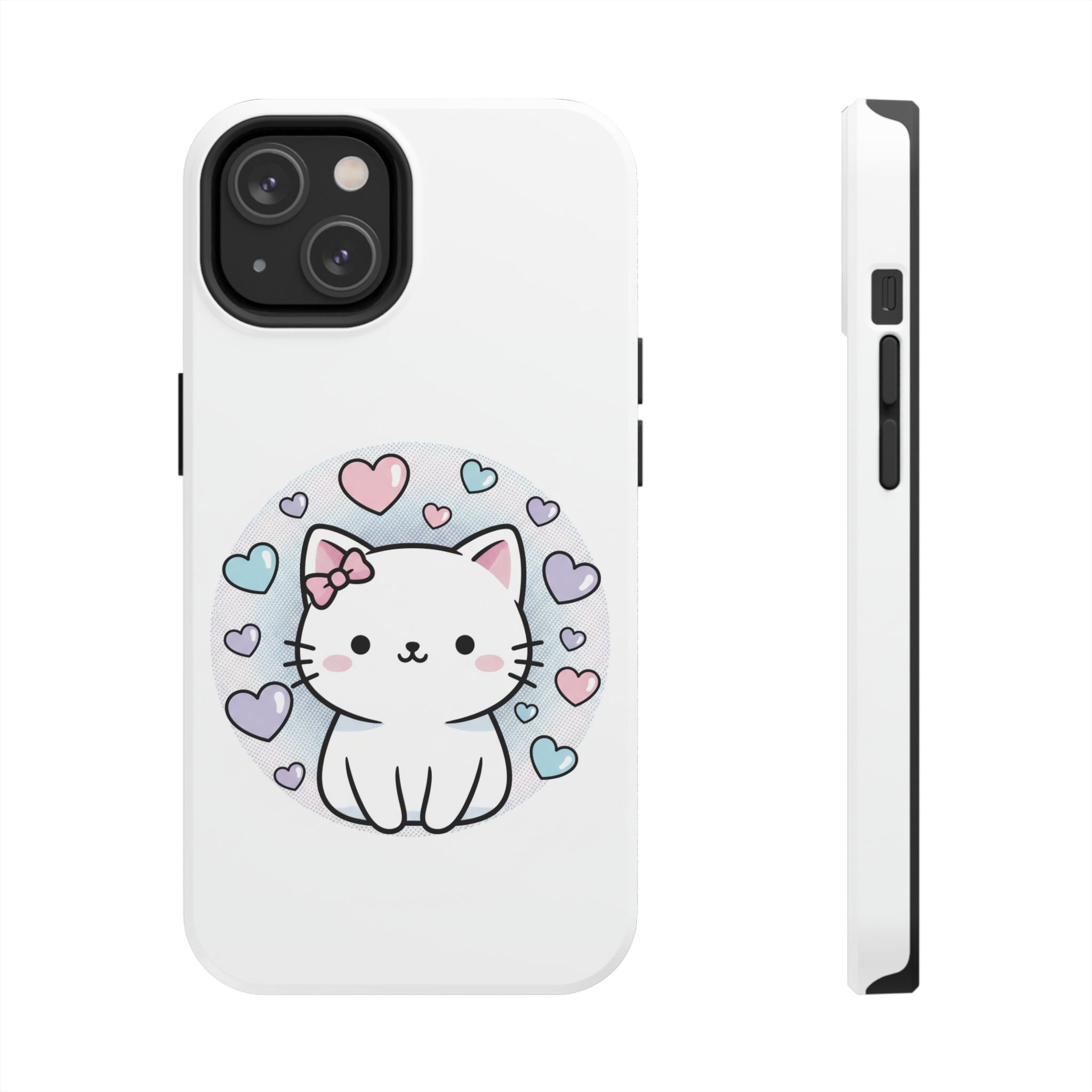 Cute Kawaii Kitten Tough Phone Case — Pastel Hearts Protective iPhone Cover