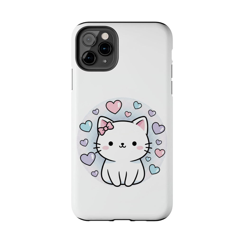 Cute Kawaii Kitten Tough Phone Case — Pastel Hearts Protective iPhone Cover