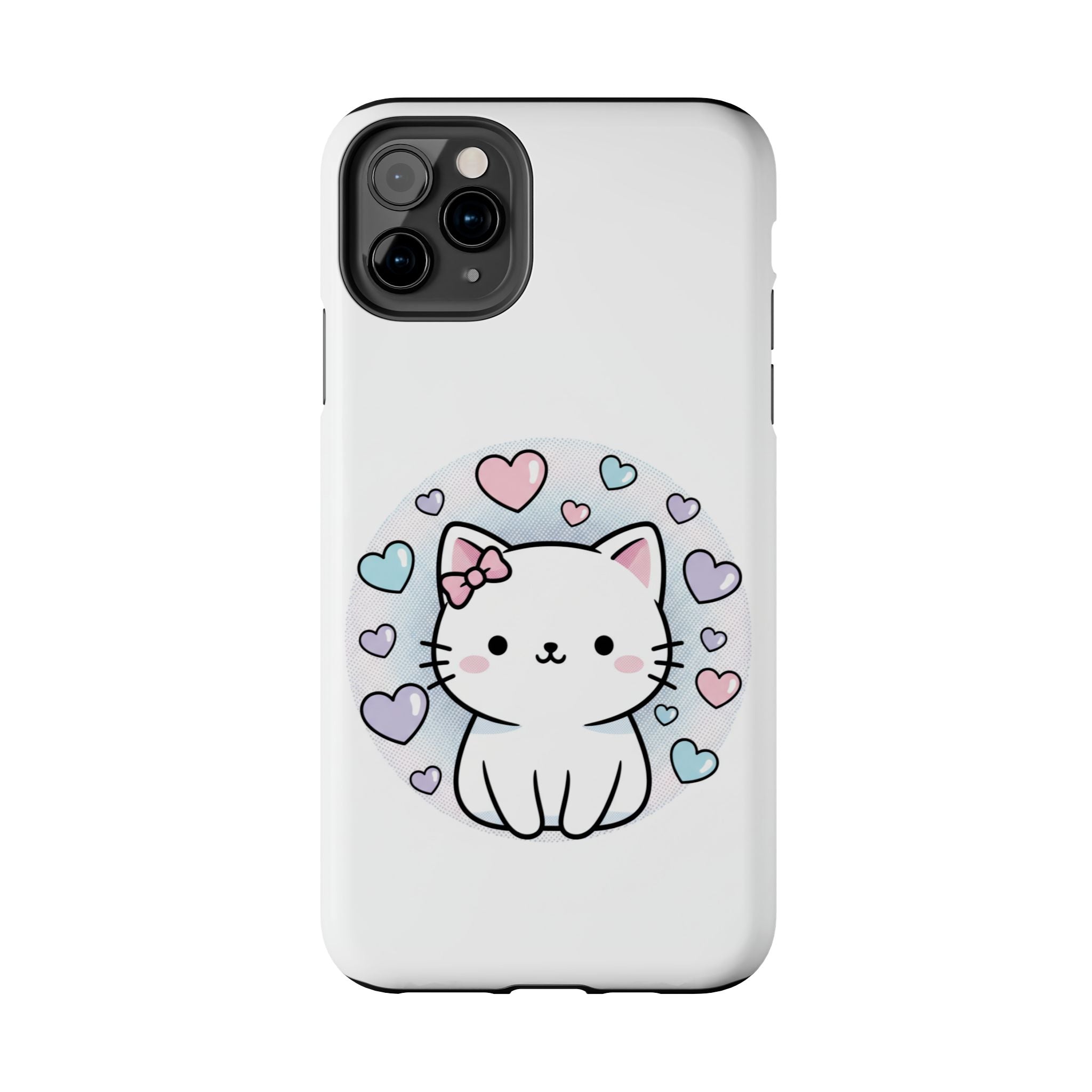 Cute Kawaii Kitten Tough Phone Case — Pastel Hearts Protective iPhone Cover