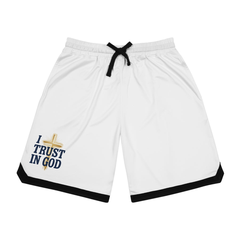 I Trust In God Basketball Shorts — White Athletic Faith Shorts