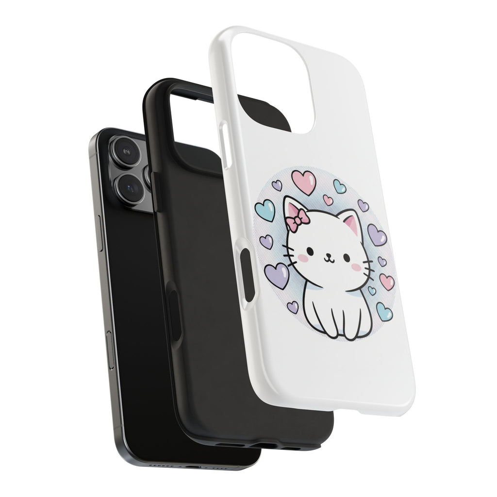 Cute Kawaii Kitten Tough Phone Case — Pastel Hearts Protective iPhone Cover
