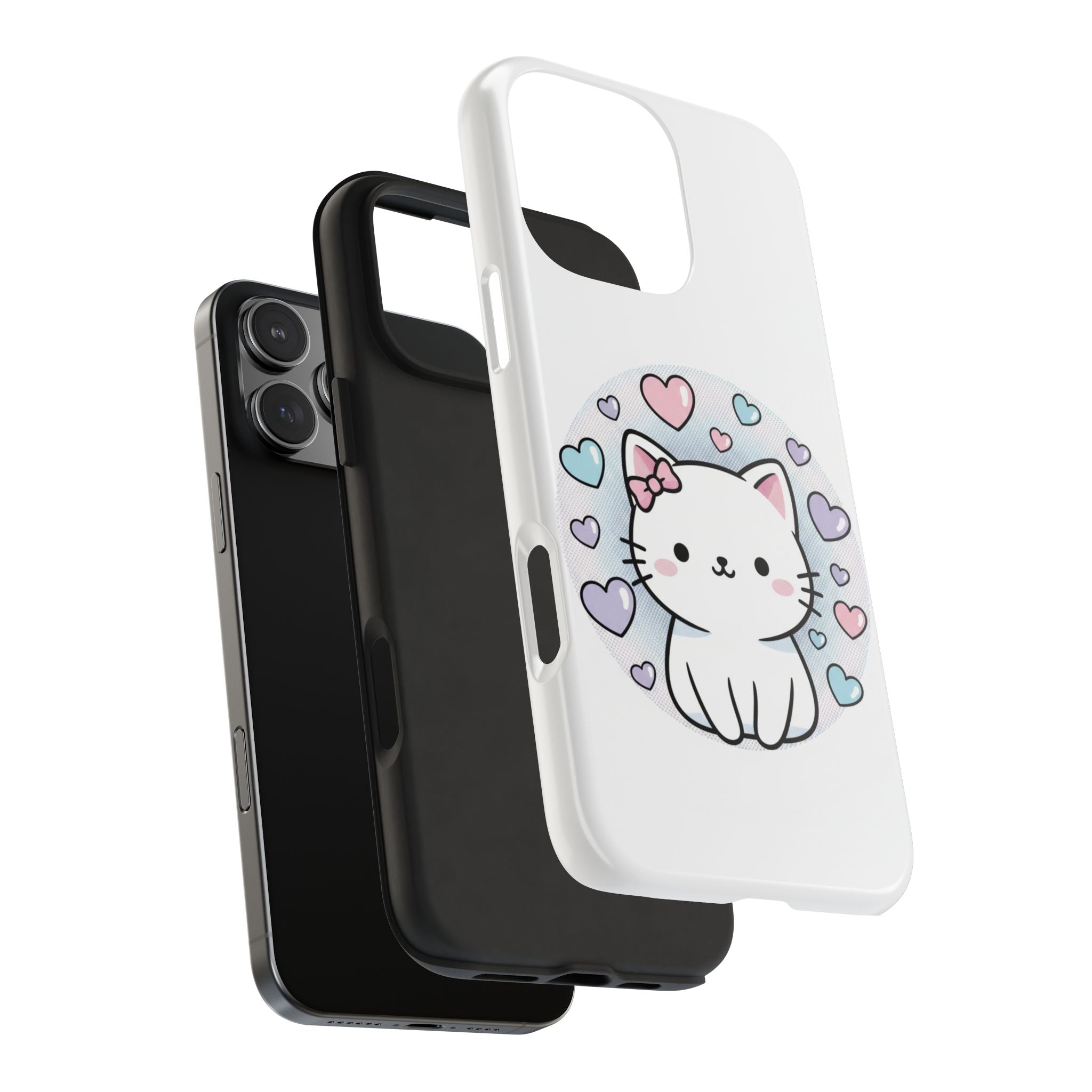 Cute Kawaii Kitten Tough Phone Case — Pastel Hearts Protective iPhone Cover