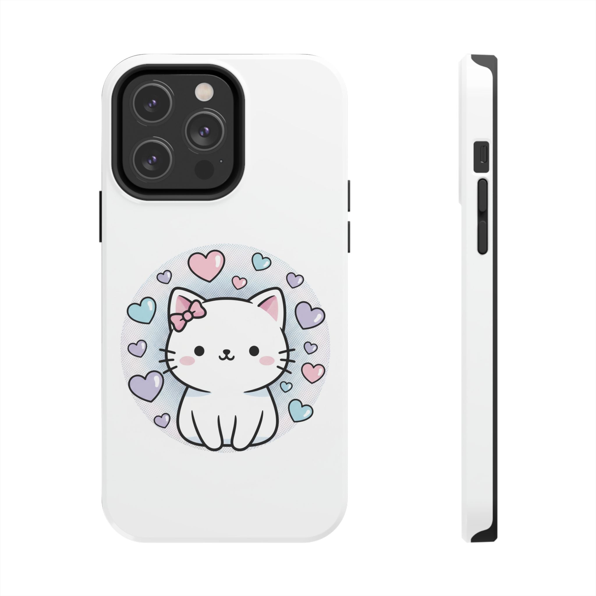 Cute Kawaii Kitten Tough Phone Case — Pastel Hearts Protective iPhone Cover
