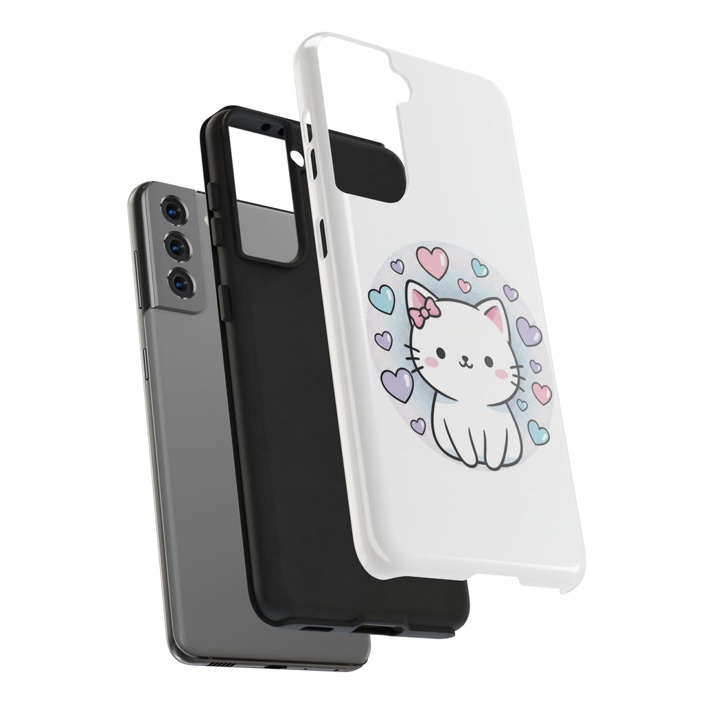 Cute Kawaii Kitten Tough Phone Case — Pastel Hearts Protective iPhone Cover